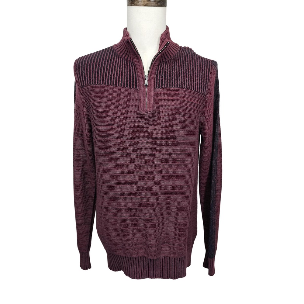 Rock & Republic Sweater Mens Small Burgundy Black Quarter‎ Zip Pullover Cotton